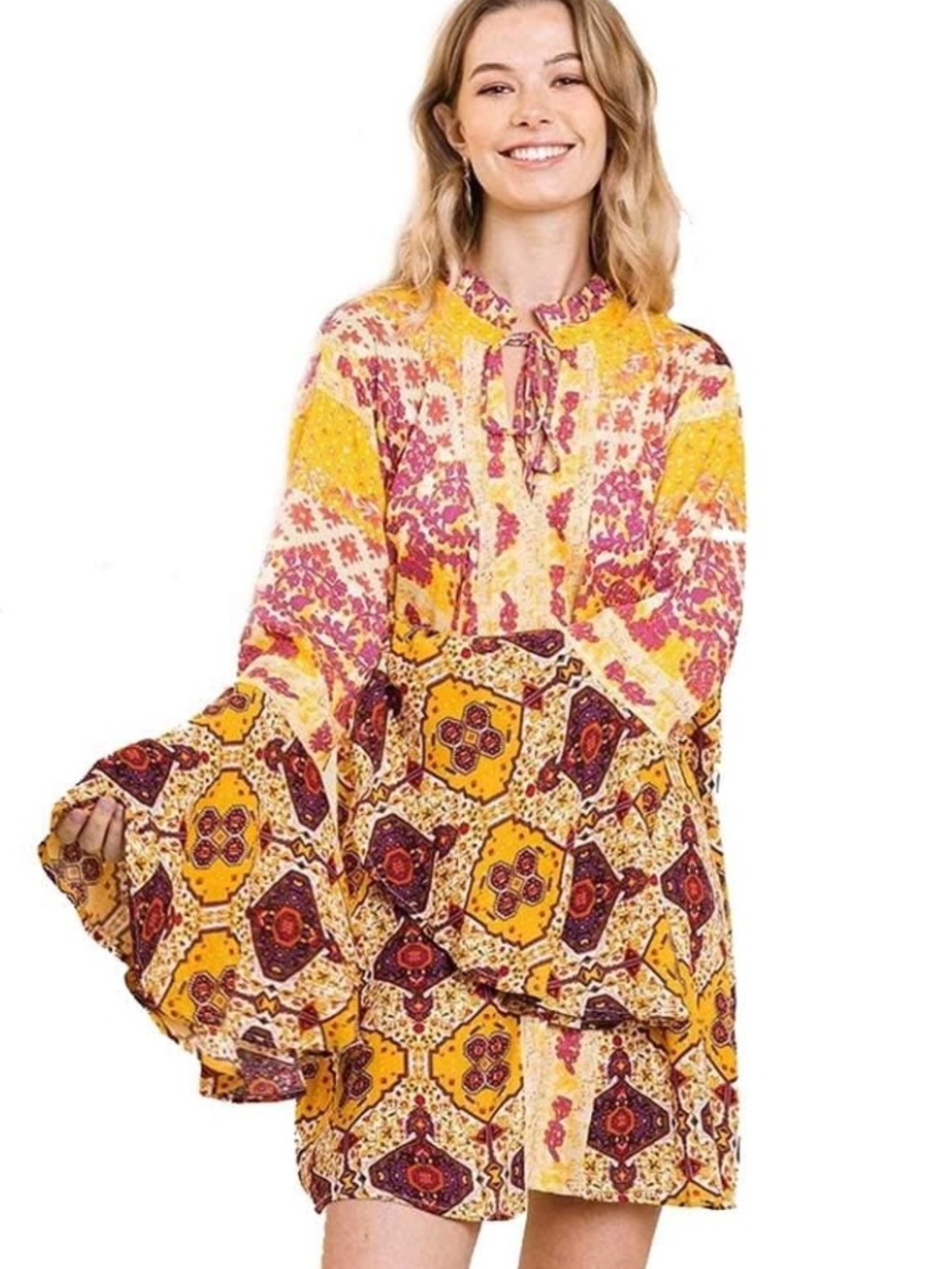 Umgee XL Boho Paisley Bell Sleeve Tunic Dress Yellow Festival Prairie Peasant